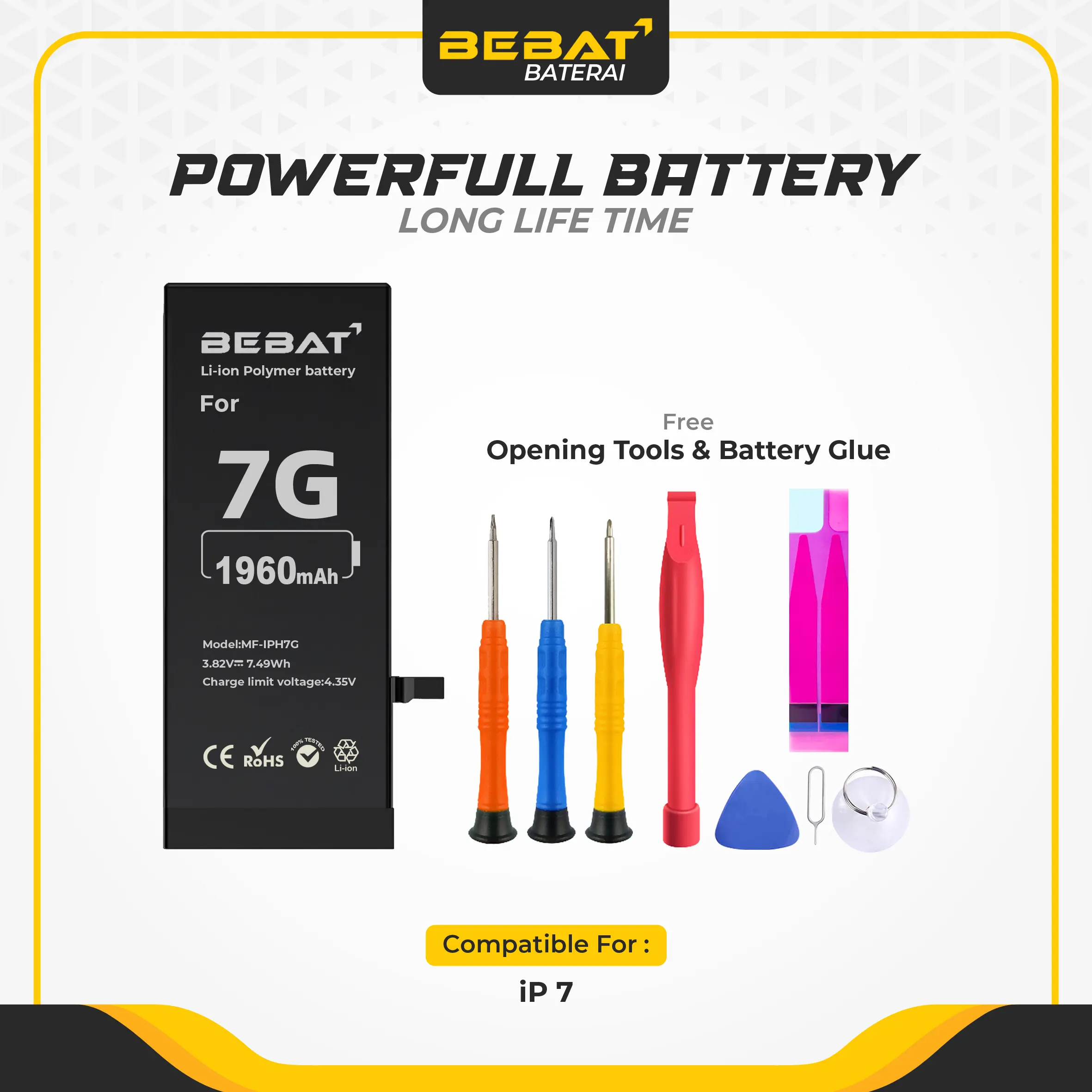 Bebat Baterai iPhone 7 batre High Capacity battery 1960 mAh Battery iP 7 Fast Charging Toolkit Pembuka dan Lem Baterai