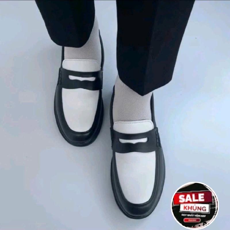 Giày peny loafer tăng cao da nam hàng kĩ màu trắng kết hợp đen đai thủng cánh én ,giày dự tiệc nam da sít Hàng kĩ đế khâu may chắc chắn mã G22 Shoes mua thì nhớ đặt lùi lại 1 size so với giày mình đang đi