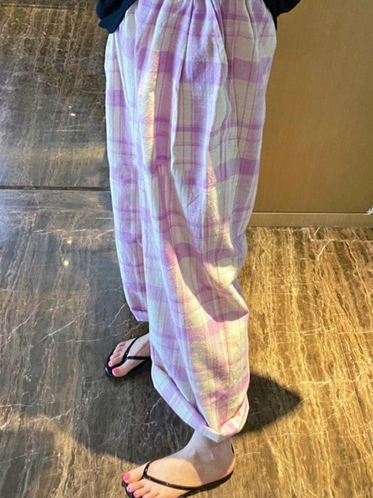 Product Introduction of Seluar Piyama Berpetak untuk Wanita, Serbaguna dan Boleh Dipakai, Sesuai untuk Berjalan, Seluar Panjang Tunggal Pants Linen 7