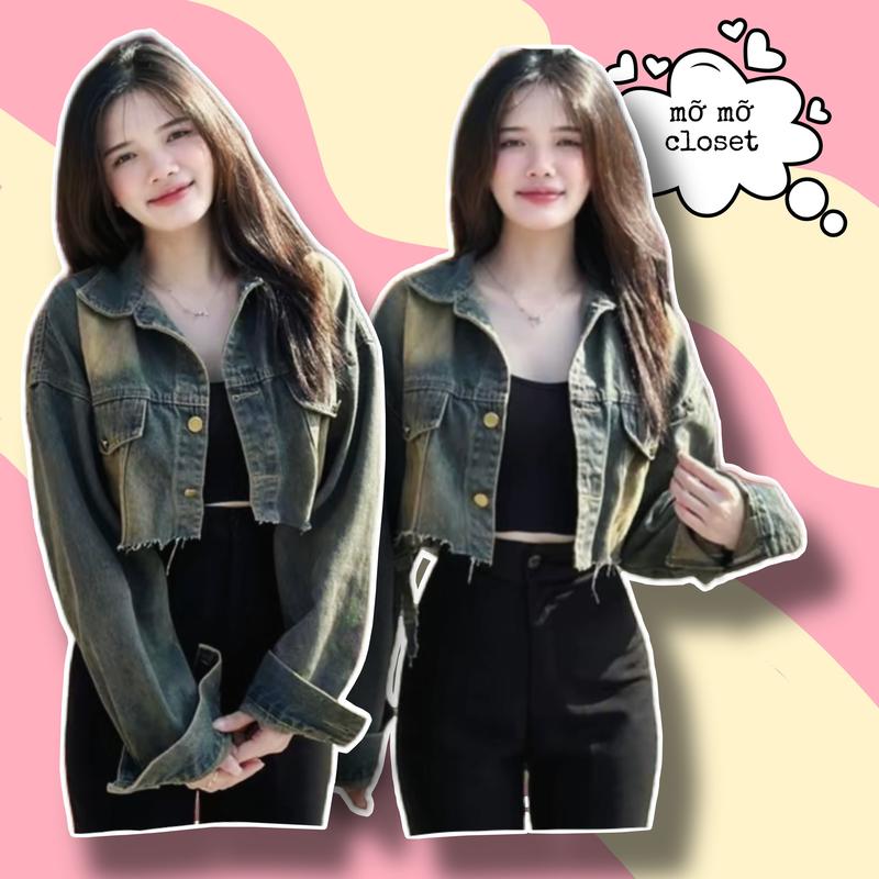  Áo khoác kaki jean lửng croptop wax bụi túi giả phối tua rua unisex nam nữ Jacket 