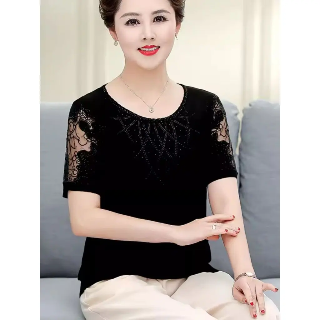 Áo thun nữ trung niên cho mẹ MÀMA đính đá sang trọng chất cotton mát cổ tim tay ngắn cao cấp Top Women Top Women