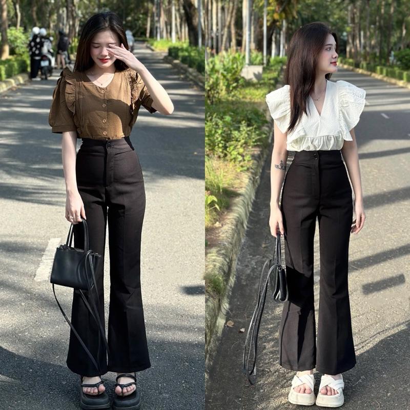 Quần Đen ống loe nữ lưng cạp cao quần ống loe khóa trước vải co giãn 1 2 cúc co dãn nhẹ quần ống rộng suông nữ màu Đen Women Pants Ong