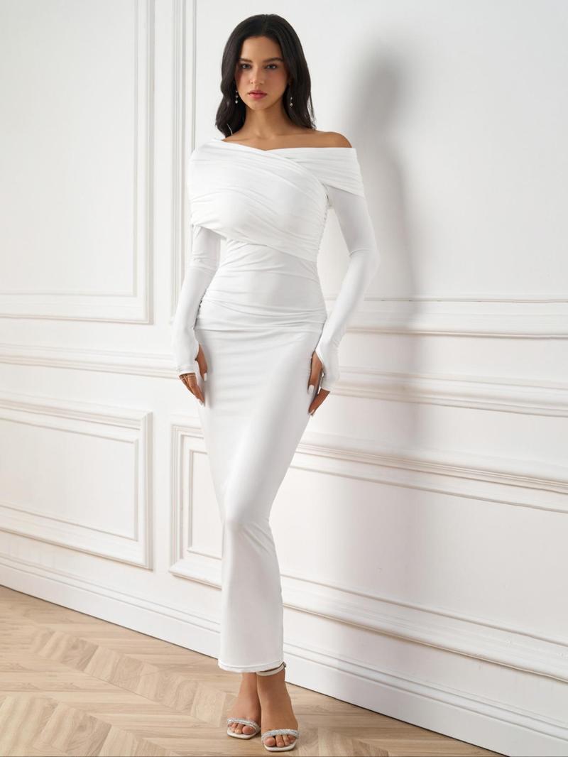 Product Introduction of Women's Plain Ruched Asymmetrical Neck Bodycon Dress, Elegant Criss Cross Long Sleeve Maxi Dress for Party Holiday Wedding Guest, Ladies Spring & Fall Clothes, Evening Dresses 11