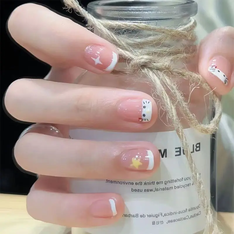 Đeo Làm Đẹp Móng Tay, Hàng Mới Về, Thiết Kế Hello Kitty Hoạt Hình, Kim Cương Trong Mảnh Vụn, Đầu Móng Tay Ngắn, Miếng Dán Móng Tay Giả Màu Nude, Có Thể Tháo Rời, Thích Hợp Cho Học Sinh, Móng Tay 0