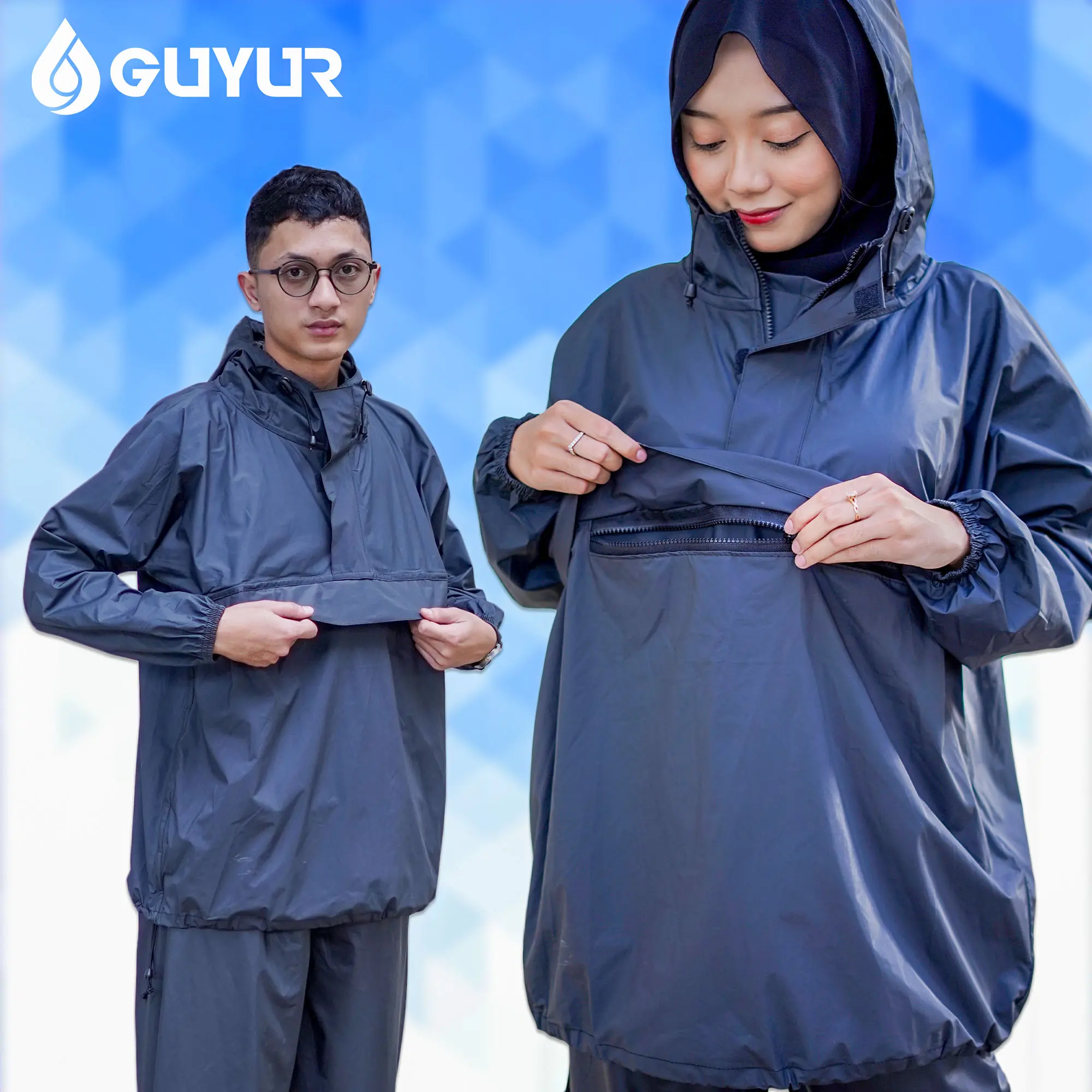 Guyur Jas Hujan Anti Bocor Guyur dengan Saku Depan Kangguru Bahan Parasit Campuran Karet Premium Kuat dan Tebal Resleting Dobel Velcro untuk Pria Wanita Dewasa