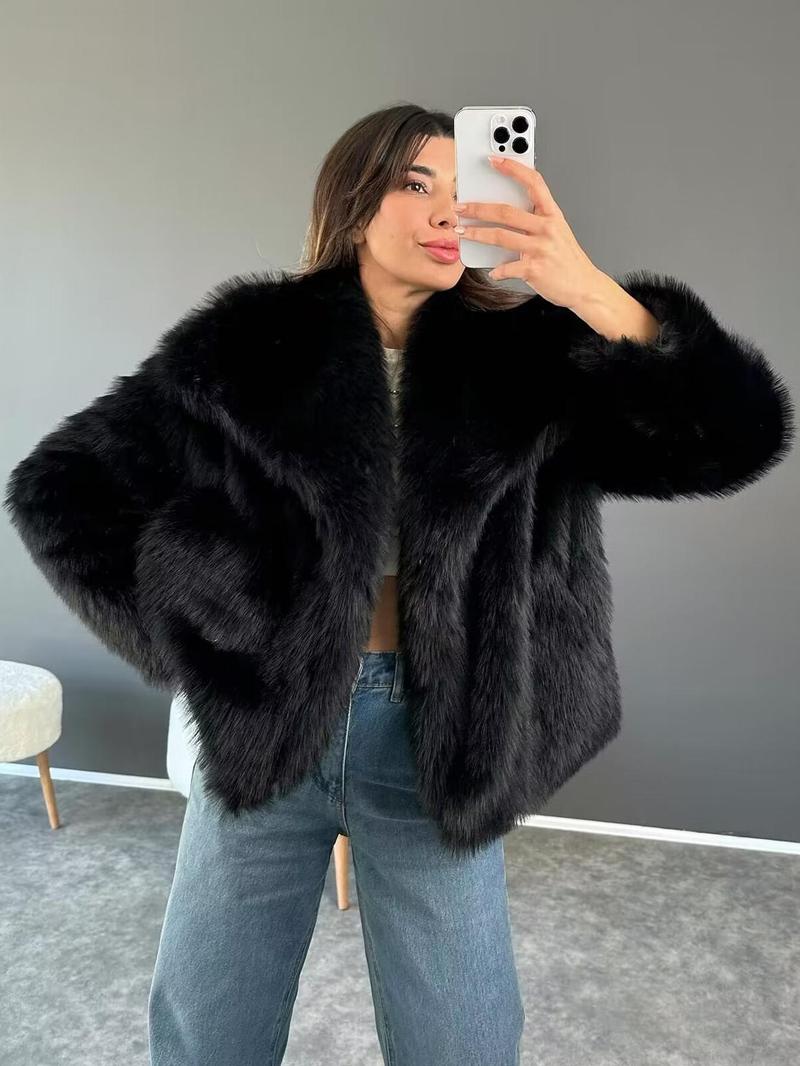 Product Introduction of Women's Solid Color Faux Fur Luxury Jacket, Priscilla Fur Coat, Casual Warmth Long Sleeve Collared Fuzzy Coat for Fall & Winter, Women's Clothing for Daily Wear Outerwear Womenswear Tops 6