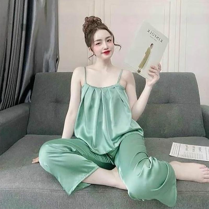 đồ bộ 2 dây nữ lụa, Đồ ngủ nữ hai dây chất satin bộ mặc nhà freesize gợi cảm - cn41 Women Áo dobo tay đồ  ngủ  2  dây  lụa  latin