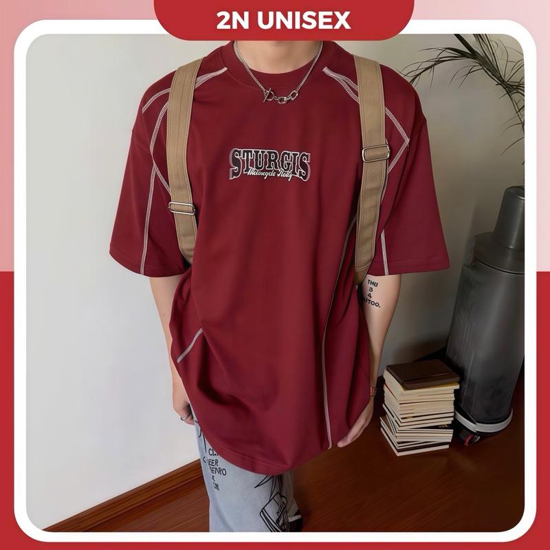 Áo phông nam nữ form rộng 2N Unisex thun cotton thêu chữ viền chỉ màu đỏ/đen Menswear Cổ Tròn Top Áo Thun