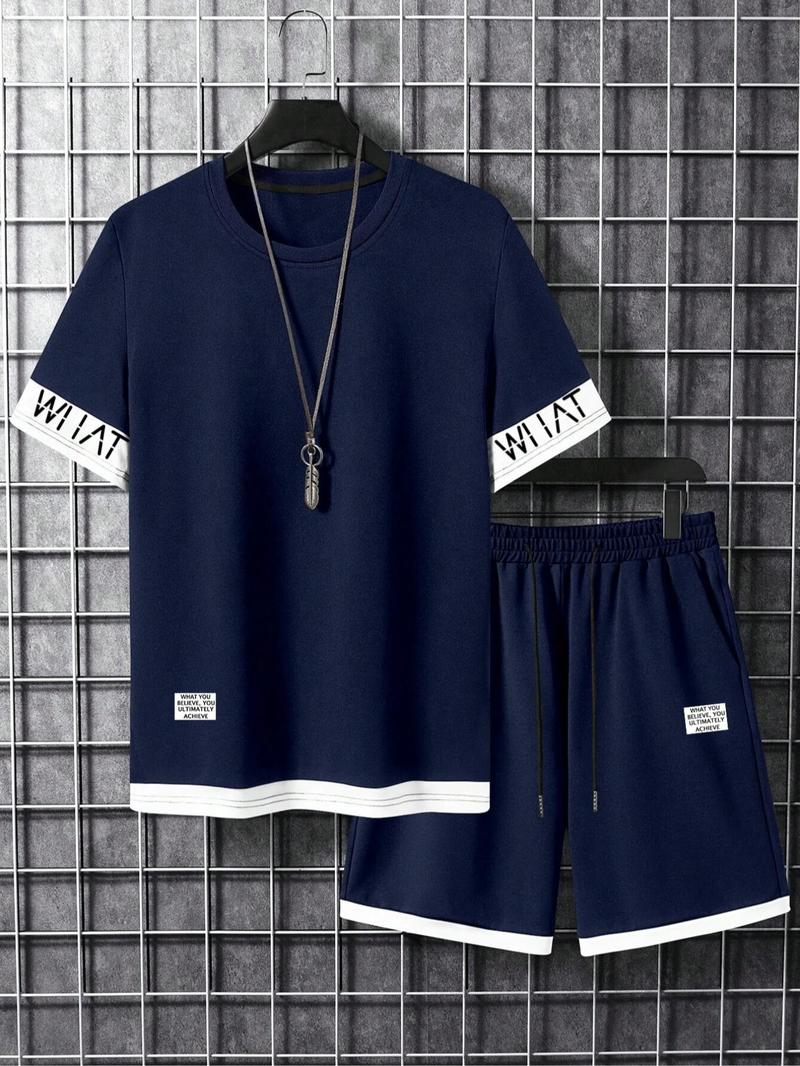 Product Introduction of Plus Size Men's Letter Print Tee & Shorts Set, Crew Neck Short Sleeve T-Shirt & Shorts PJ Set, Casual Comfy Men's Sleepwear & Loungewear Set for Summer 2
