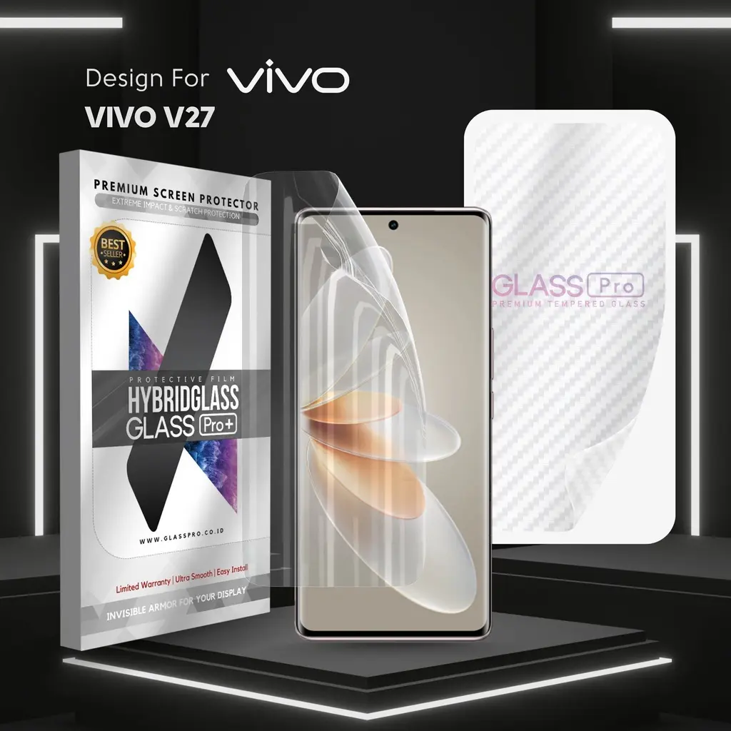 For VIVO V27 - Hybrid Glass Hydrogel Full Cover Depan Belakang Anti Gores Premium Screen Protector Glossy Glass Pro - NOT Tempered Glass Matte Anti Gores Kaca Anti Crack Privacy Easy Install Gorilla Glass Anti Static hg-clear-carbon