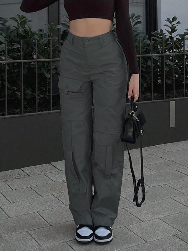 Women's Plain High Waist Flap Pocket Cargo Pants, Y2K Casual Street Basic Minimalist Comfort Straight Leg Trousers for Spring & Fall, Lady Bottoms for Daily Wear, Womenswear 2