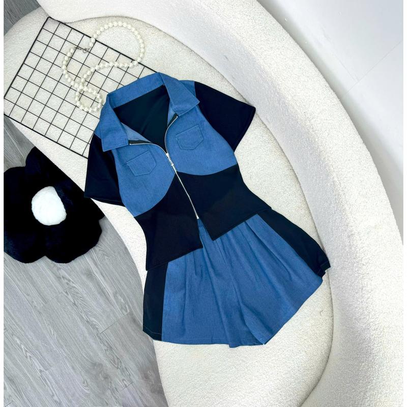 Set bộ đồ bigsize nữ áo tay ngắn cổ bẻ kèm quần đùi ống rộng lưng cao kẻ sọc đen 2 bên chất jeans giấy pha thun ruby  cao cấp  - SET844 Kem Nhung Women Top