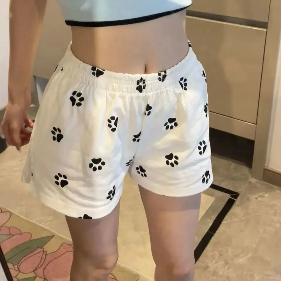 Quần Đùi Thể Thao, In Hình Bàn Chân Chó Mỹ, Dành Cho Nữ, Mỏng Và Rộng Rãi, Thích Hợp Cho Mùa Hè, Phong Cách Thường Ngày Ngoài Trời, Bikini Chữ A, Ống Rộng, Quần Hot Women Pants Trắng