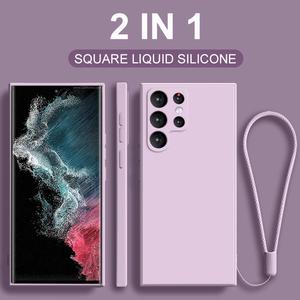 Luxury Square Soft Liquid Silicone Case For Samsung Galaxy S23 S22 Plus S23 Ultra Shockproof Cover With Free Lanyard