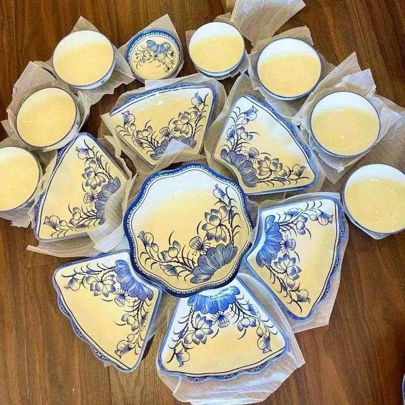 Bộ bát đĩa sứ 15 món Sen mới Bộ bát đĩa hoa mặt trời Sét đĩa mặt trời màu trắng viền đen size 45cm