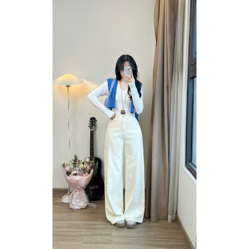 Quần jeans bò màu kem ống suông rộng phong cách Hàn Quốc 6