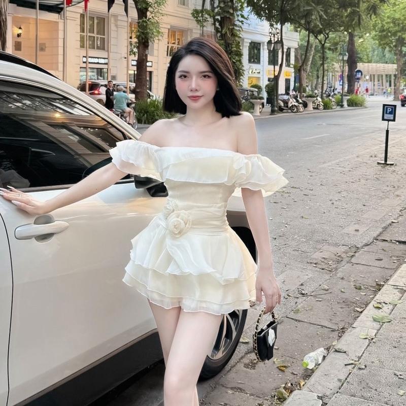 Váy Thiết Kế (Dáng Ngắn) Váy Tơ Trễ Vai Đính Hoa Tiểu Thư Bánh Bèo Hàng L1 Tơ Cao Cấp từ 40-56kg Dáng ngắn