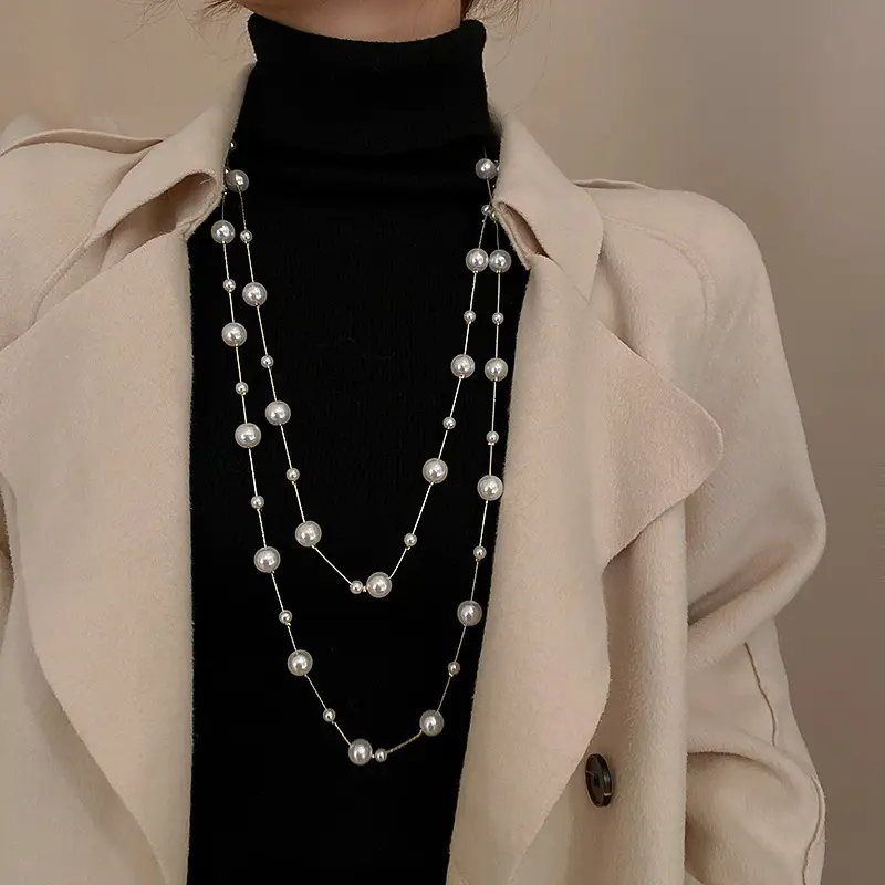 Kalung Sweater Simulasi, Rekaan Dua Lapisan Elegan, Untuk Wanita, Kalung Rantai Panjang, Kolar Wanita