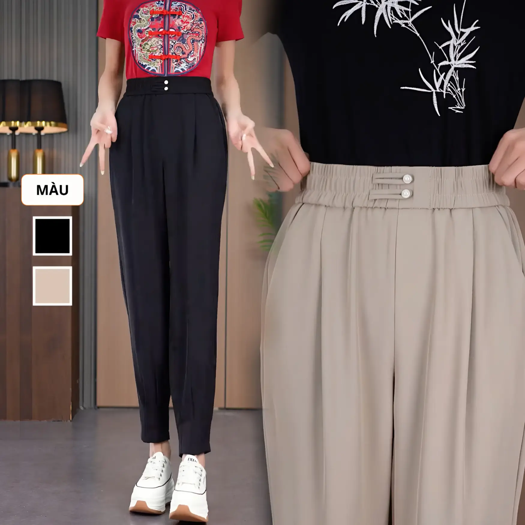 Quần Baggy Gấp nếp Ngọc Bích lưng thun, mềm mại & co giãn nhẹ, đẹp cân mọi vóc dáng Nữ HQV001