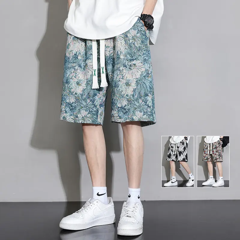 S-3XL Men Sweatshorts Cotton Print Shorts Elastic Waist Knee Length Summer Casual Loose Wide Leg Street Beach Outfit Black Beige Khaki Blue