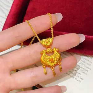 Kalung Liontin Bunga Lily Berlapis Emas dengan Gembok Ruyi dan Rumbai, Tiga Rantai Emas untuk Pernikahan