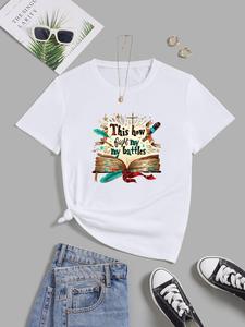 ImprinTee Women's Letter & Book Print Round Neck Graphic Tee, Vintage Trendy Casual Short Sleeve T-shirt for Daily Wear, Ladies Summer Outfit