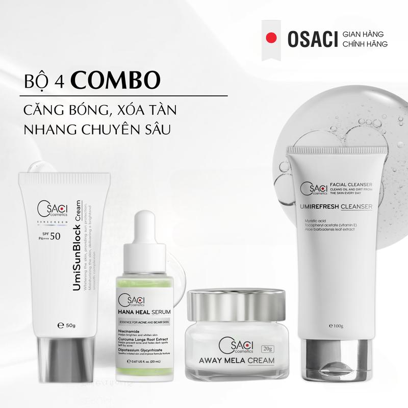 Bộ 4 sản phẩm dưỡng da mụn và sẹo rỗ chuyên sâu Osaci - Kem Nám Away Mela Cream 20g sữa Rửa Mặt Osaci UmiRefresh Cleanser 100ml Kem Chống Nắng Osaci UmiSunBlock Cream 50g Serum giảm mụn thâm Hana Heal 20ml