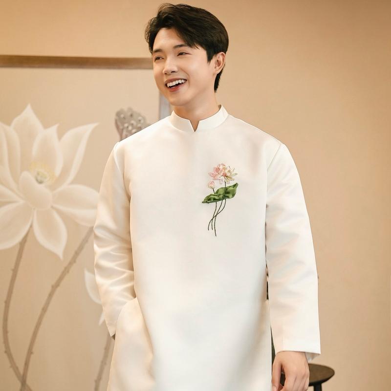 [Sen] Áo dài nam OAO hoạ tiết Sen thêu Ruy băng thủ công [KHÔNG KÈM QUẦN]