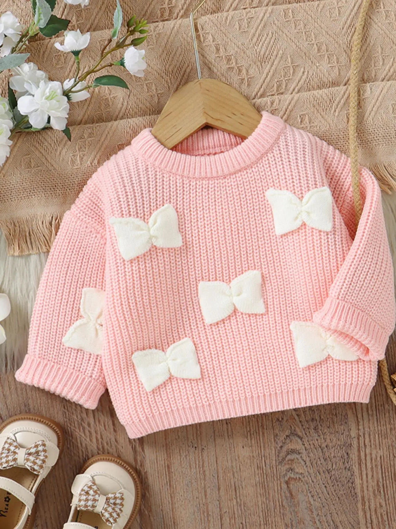 Baby's Bow Decor Crew Neck Sweater, Cute Long Sleeve Jumper for Fall & Winter, Newborn Infant Kids Clothes for Daily Wear
