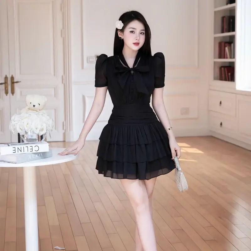 Lali_váy tơ xốp xoè tầng buộc nơ cổ cúc bọc sang chảnh_Ll060 2
