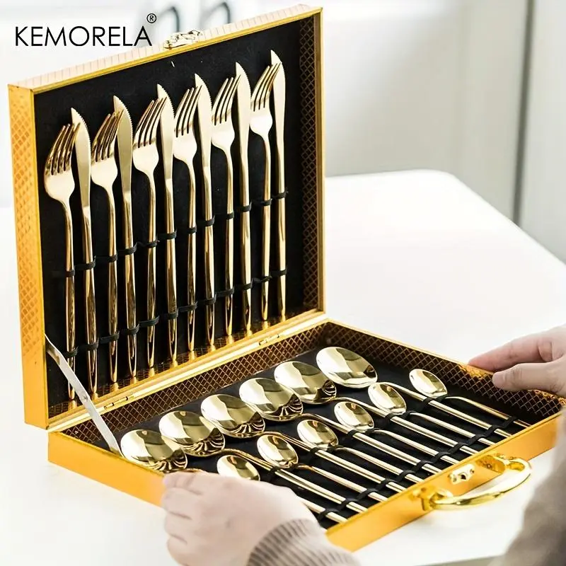 Kitchen Accessories Stainless Steel Cutlery Set, 24pcs Flatware Set with Gift Box, Knife, Fork and Spoon Set, Tableware Set for Home Kitchen