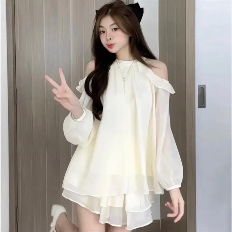 Set tơ bèo hở vai , set quần áo tiểu thư váy dài trơn Nữ Top Women Xoè