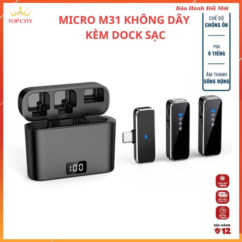 Micro thu âm không dây M31 kèm Dock sạc lọc tạp âm khi live/quay video/ ghi âm cho điện thoại/máy tính
