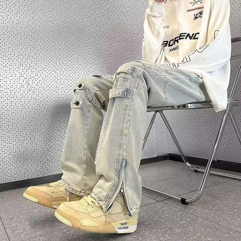 Quần Rộng Thùng Thình, Phong Cách Đường Phố Cao Cấp Mỹ, Unisex, Thương Hiệu Hợp Xu Hướng Thiết Kế Buộc Dây, Quần Bò Ống Loe, Dây Kéo Xẻ Tà, Cargo, Chân Thẳng 0