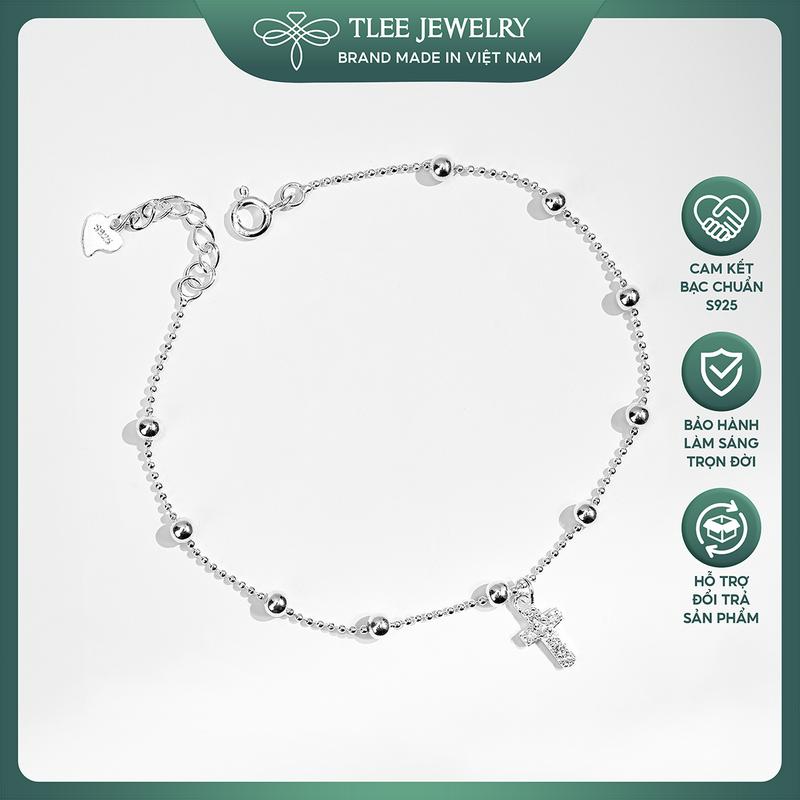 Lắc tay bạc nữ TLEE dây bi nhỏ treo mặt Thánh giá đính đá TLEE JEWELRY LT0337