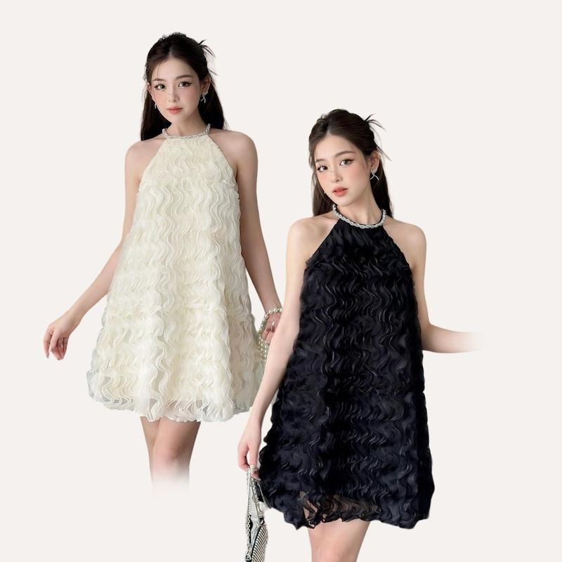 Váy cổ yếm nữ phối cổ đá dáng Đầm xòe kiểu ngắn Linly Store  V-VPC4