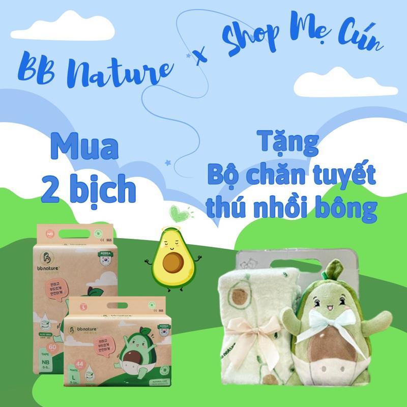TẶNG CHĂN TUYẾT Bộ 2 bịch tã BB Nature bông hữu cơ NB60 S56 M52 quần M48 L44 XL40 XXL38 Cho Bé Bỉm Quần
