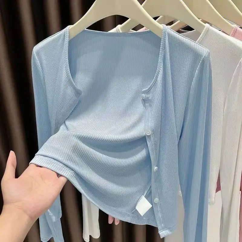 Áo Cardigan Gân Tăm Màu Xanh, Áo Khoác Mỏng, Khăn Choàng Chống Nắng, Áo Mặc Bên Ngoài Nữ, Hàng Mới Về 2025, Thích Hợp Cho Công Sở Và Điều Hòa Không Khí, Áo Mùa Hè