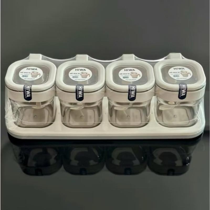 Khay đựng gia vị nhà bếp hộp đựng gia vị 4 Ngăn nắp bật có chân đế tặng kèm muỗng