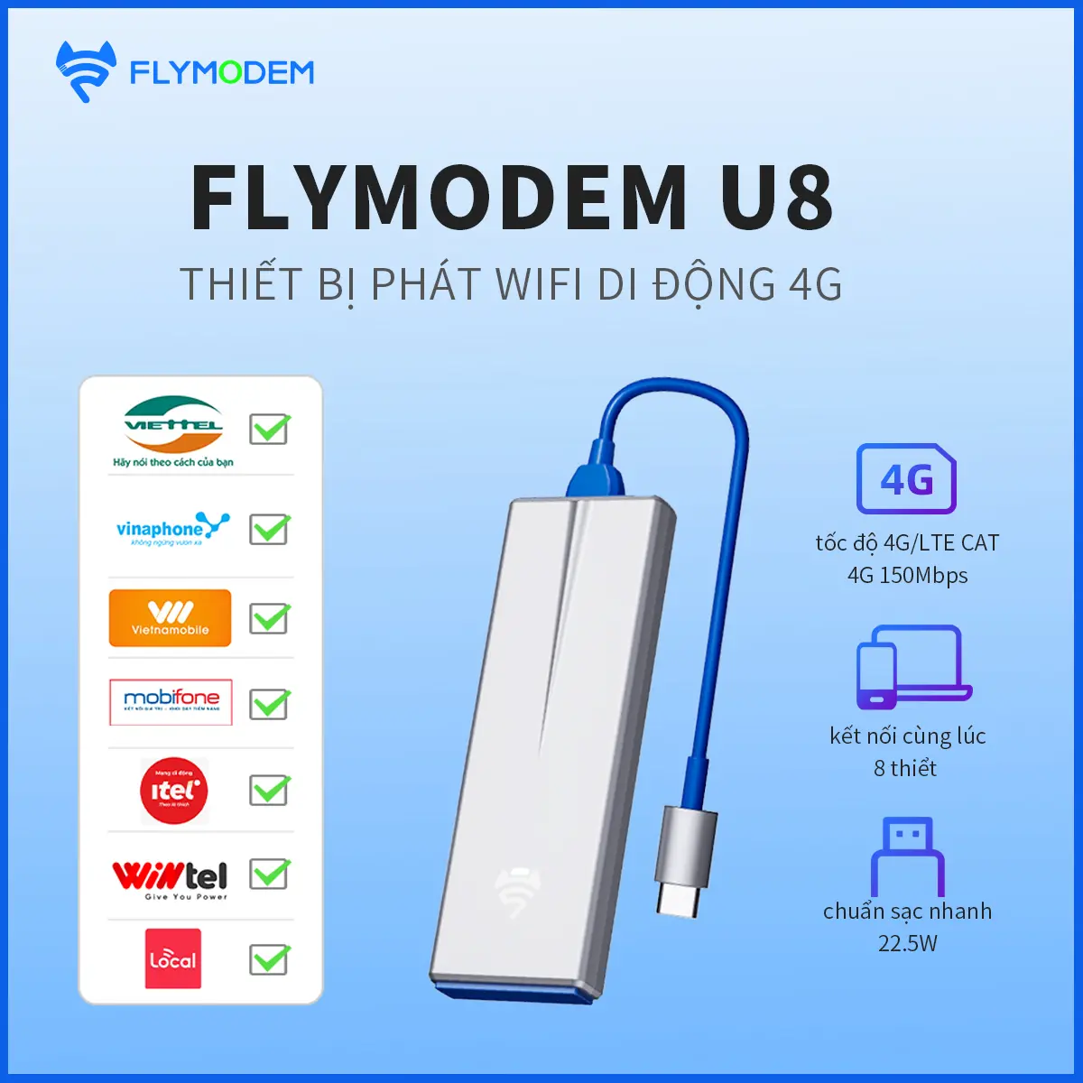 FLYMODEM-U8,THIẾT BỊ PHÁT WIFI DI ĐỘNG, KHÔNG KÉN SIM, TÍN HIỆU ỔN ĐỊNH, HỖ TRỢ TẤT CẢ NHÀ MẠNG