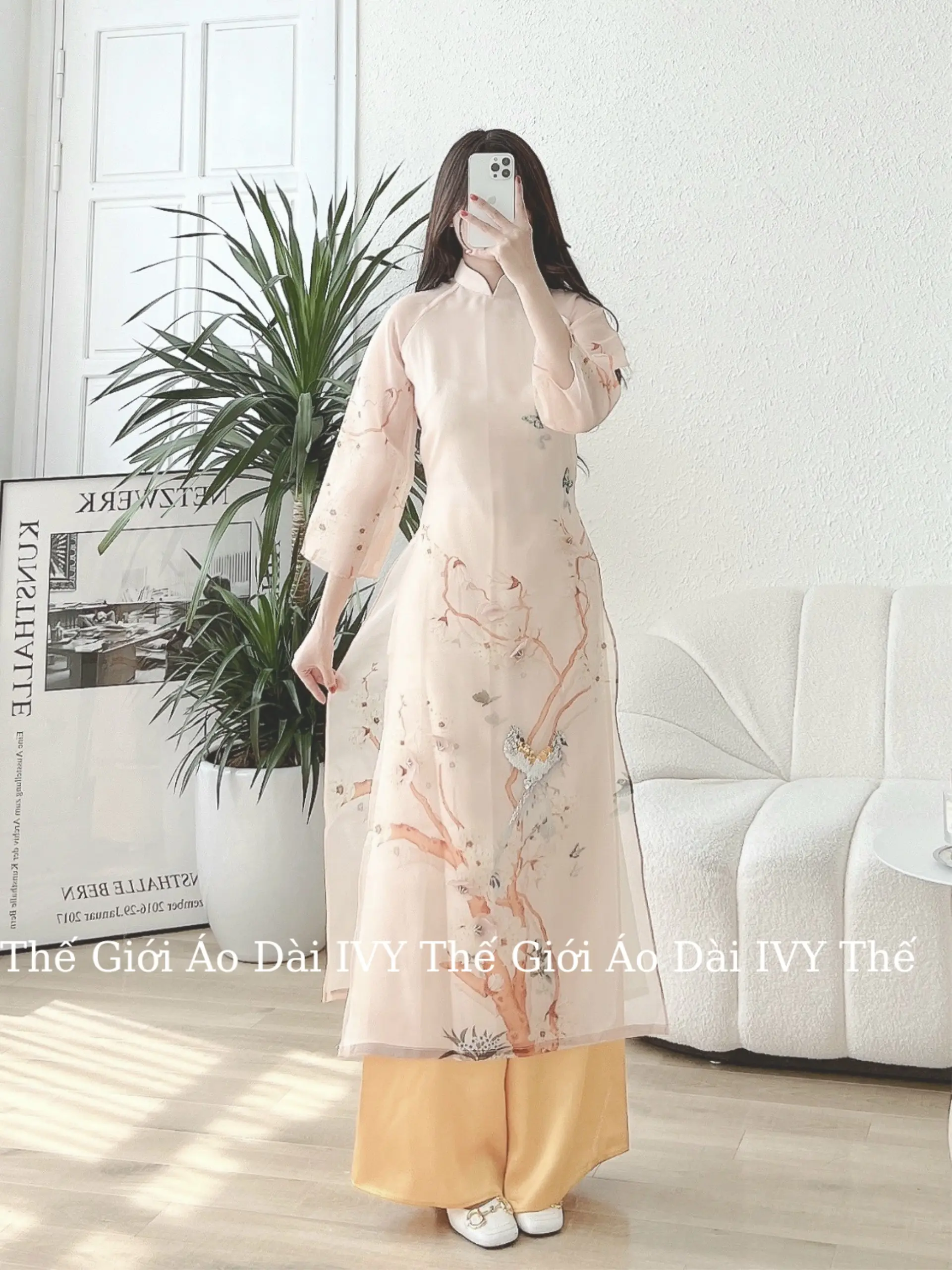 [IVY] Áo Dài, Áo Dài L.i.n Be Vàng, đính kết phale Women Dress