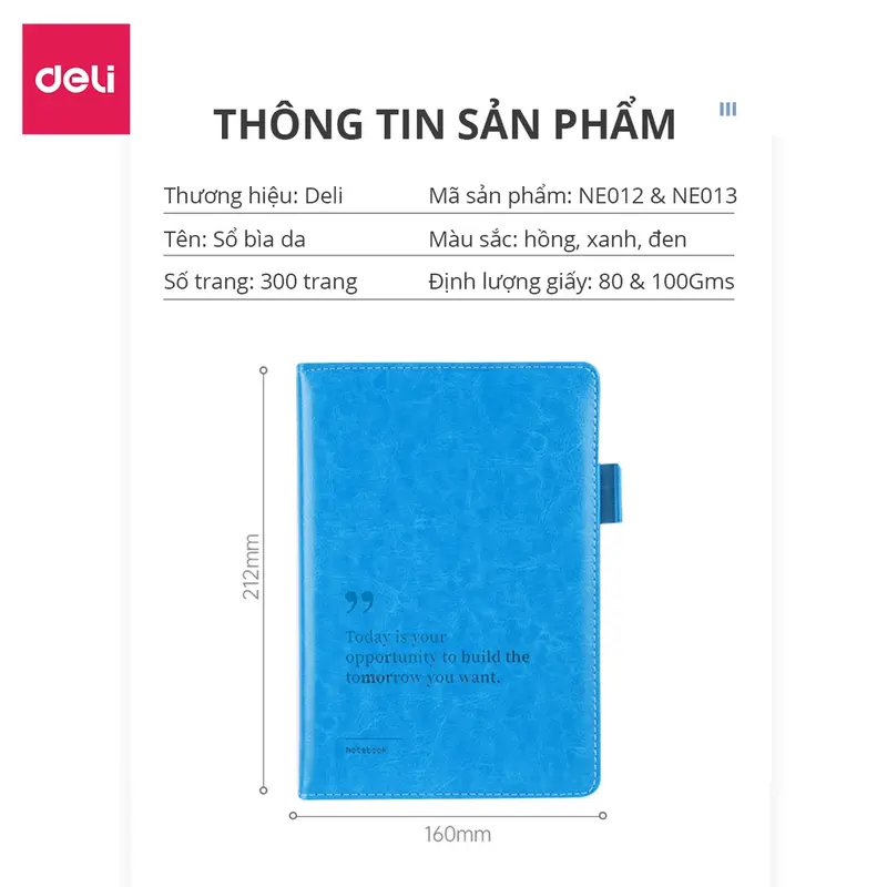 Sổ tay ghi chép A5 Bìa Da dày Deli - Màu Đen/Hồng/Xanh, 300 trang, 80gsm, Chống nước dành cho Học Sinh, Văn Phòng 8