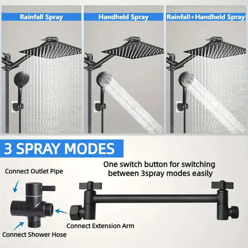 Rain Shower Head Set, High Pressure Rain Shower Head with Adjustable Extension Arm & Handheld Shower Head, Bathroom Shower System 7