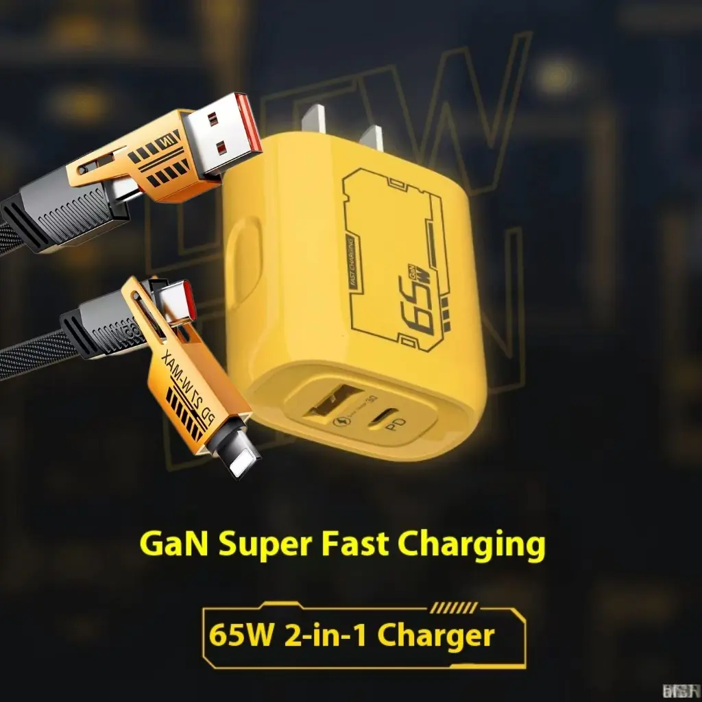 Four in one charging cable with 65W charger for ultra fast charging, equipped with nylon cable and zinc alloy interface, suitable for iPhone and Android