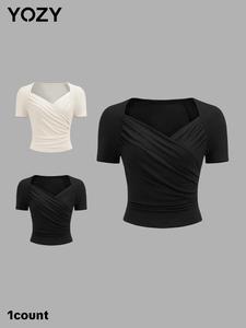 YOZY Women's Plain Ruched Wrap Sweetheart Neck Tee, Casual Short Sleeve T-shirt for Summer, Ladies Clothes for Daily Wear