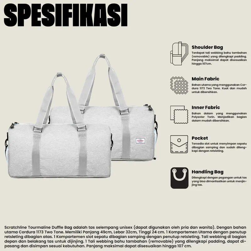 Scratchline Tourmaline Grey Duffle Bag Tas Travel Besar/Travel Bag Duffel/ Portable Gym Bag/ Tas Fitnes/ Tas Handcarry Duffle / Weekender Bag/Tas Travel Pria dan Wanita travel  bag 7