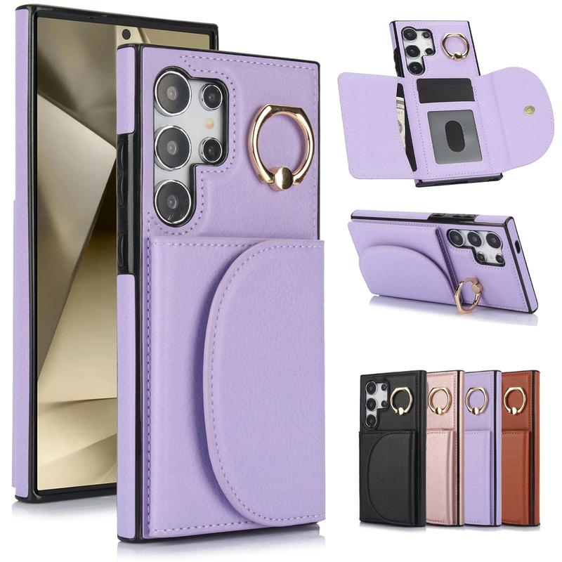 Product Introduction of Solid Color Phone Case with Finger Ring & Card Slot, 1 Count PU Leather Wallet Phone Protective Cover, Phone Accessory for Samsung Galaxy S24 S23 S22 S21 0