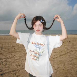 เสื้อยืดแขนสั้นสไตล์อเมริกันผ้าฝ้ายแท้สำหรับผู้หญิงฤดูใบไม้ผลิและฤดูร้อน, ดีไซน์ยอดนิยม, ทรงหลวม Niche, เสื้อยืดสีขาว, อินเทรนด์ เสื้อ  เช็ท  2  ชิ้น