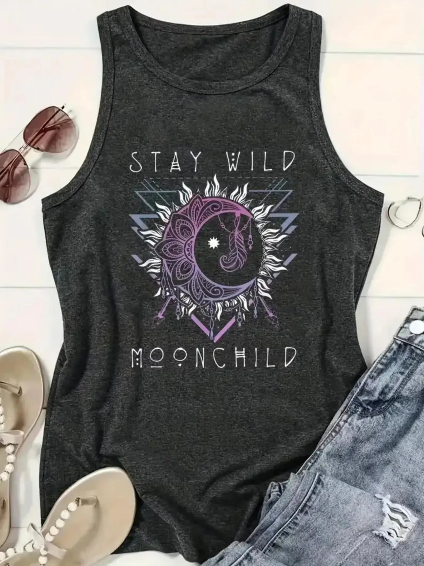 【Plus Size】 Moon & Sun Print Round Neck Tank Top, Casual Sleeveless Top for Daily Wear, Women's Plus Clothing for All Seasons