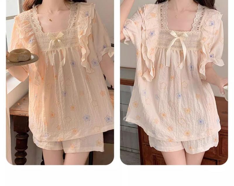 Product Introduction of Bộ đồ ngủ bằng vải bông mùa hè của phụ nữ Dễ thương Patrick Ngôi sao ngắn tay ren trang trí bong bóng Nếp nhăn Mục vụ Loungewear hai mảnh Áo 13